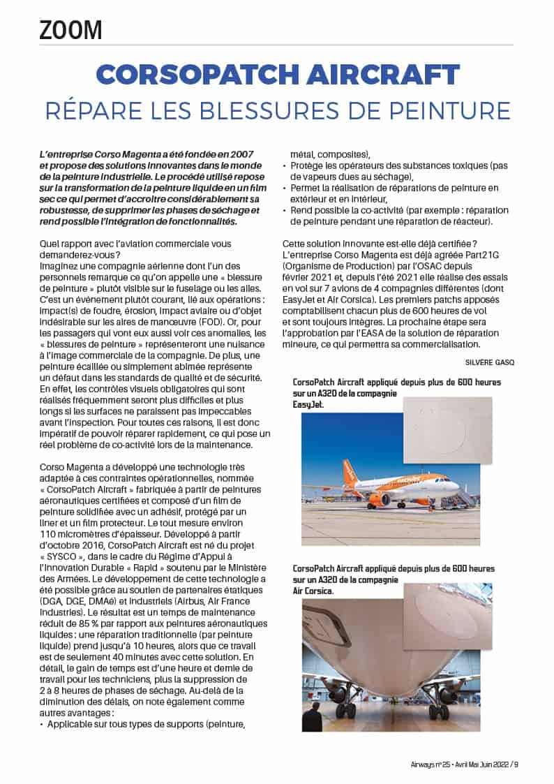 Le magazine Airways parle des essais en vol de CorsoPatch Aircraft avec Air Corsica et EasyJet